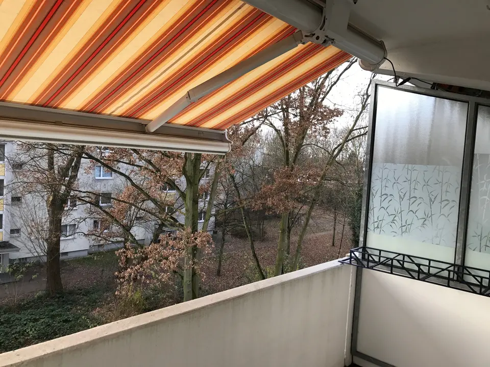 Balkon mit elektrischer Markise, Blick in die begrünte Umgebung